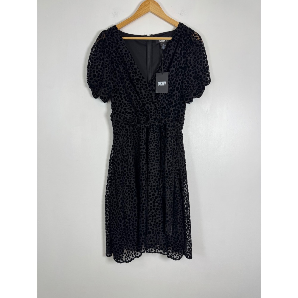 Whimsigoth DKNY Womens 8 Wrap Dress Black Velvet Polka Dot Burnout Puff Sleeve